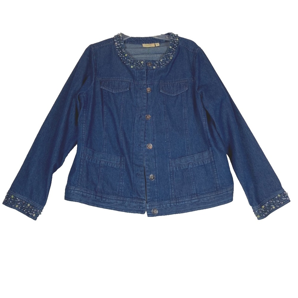 Choices Women's 1X Beaded Blue Denim Jacket Snap Front‎ Boho Retro Vtg
